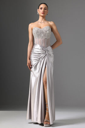 Bella Barnett Denny Silver Strapless Sequin High Slit Formal Prom Evening Gown