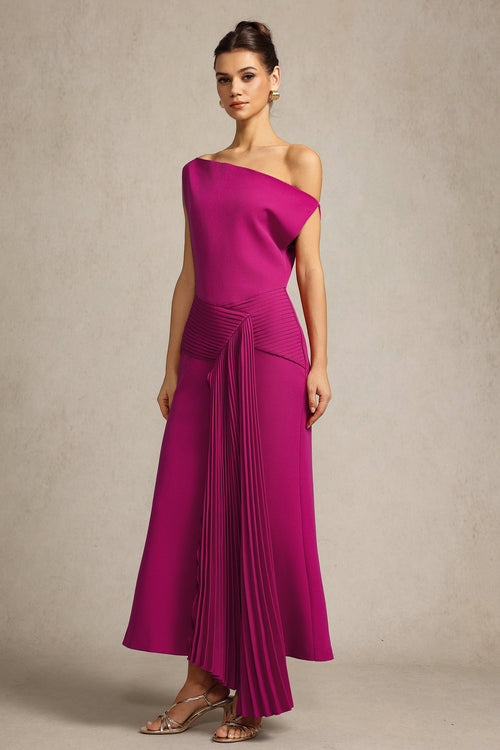 Bella Barnett Paulina Oblique Shoulder Sleeveless Folds Cocktail Party Midi Dress