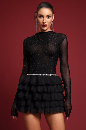 Bella Barnett Kerta Black Crystal Ruffle Mesh Cocktail Party Mini Dress