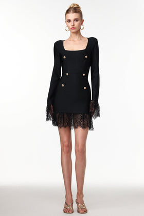 Bella Barnett Sydney Long Sleeve Rhinestone Button Lace Bandage Cocktail Party Mini Dress