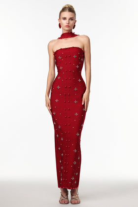 Bella Barnett Nesya Sleeveless Pearl Wine Bandage Formal Prom Evening Gown
