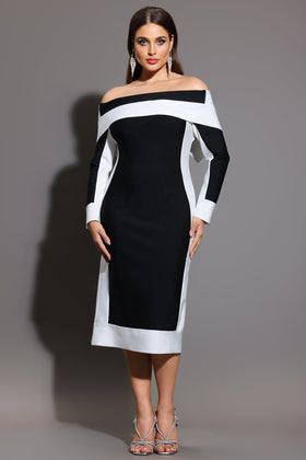 Bella Barnett Mattey Black Off The Shoulder Long Sleeves Stripes Bandage Formal Prom Evening Gown