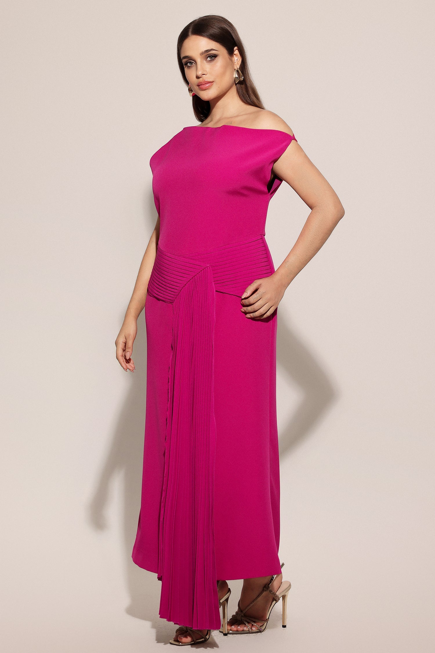 Bella Barnett Paulina Oblique Shoulder Sleeveless Folds Cocktail Party Midi Dress