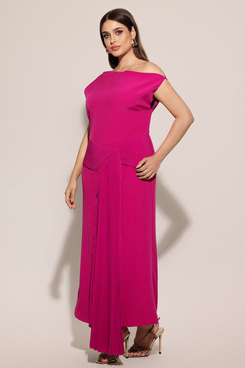 Bella Barnett Paulina Oblique Shoulder Sleeveless Folds Cocktail Party Midi Dress