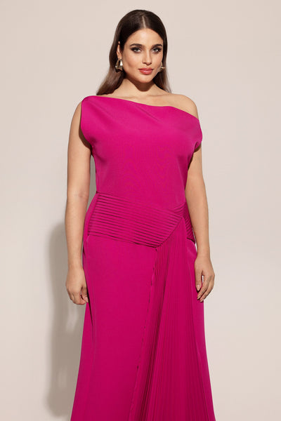 Bella Barnett Paulina Oblique Shoulder Sleeveless Folds Cocktail Party Midi Dress