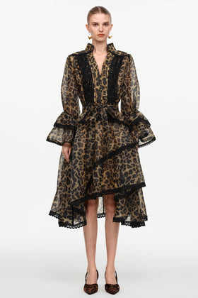 Bella Barnett Uhren V Neck Long Sleeve Falbala Lace Woven Leopard Print Cocktail Party Mini Dress