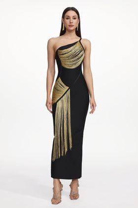 Bella Barnett Roanna One Shoulder Sleeveless Golden Tassels Bandage Formal Prom Evening Gown