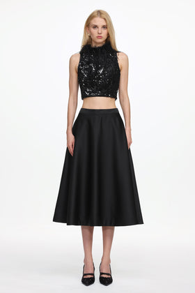 Bella Barnett Chic Contonur Sleeveless Feather Sequin Velvet Top And Satin Skirt Set Formal Evening Two-piece Set