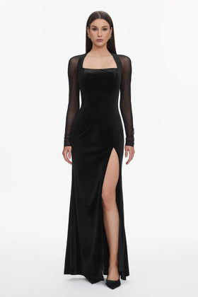 Bella Barnett Rae Long Sleeve High Slit Velvet Formal Prom Evening Gown