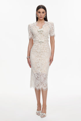Bella Barnett Maisie V Neck Short Sleeves Bowknot Lace Cocktail Party Midi Dress