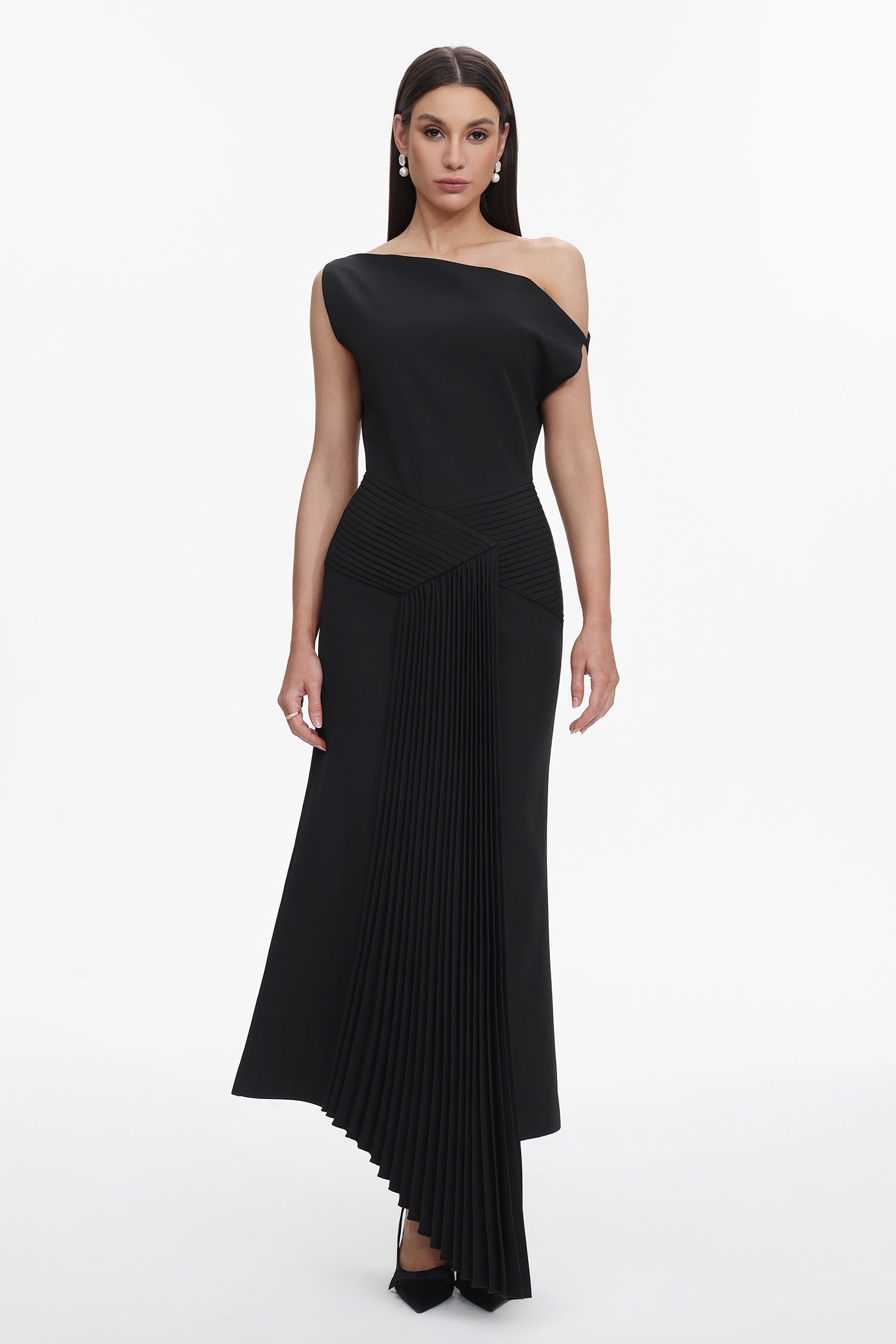 Bella Barnett Juny Oblique Shoulder Sleeveless Folds Cocktail Party Midi Dress