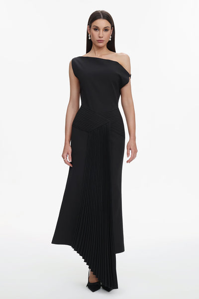 Bella Barnett Juny Oblique Shoulder Sleeveless Folds Cocktail Party Midi Dress