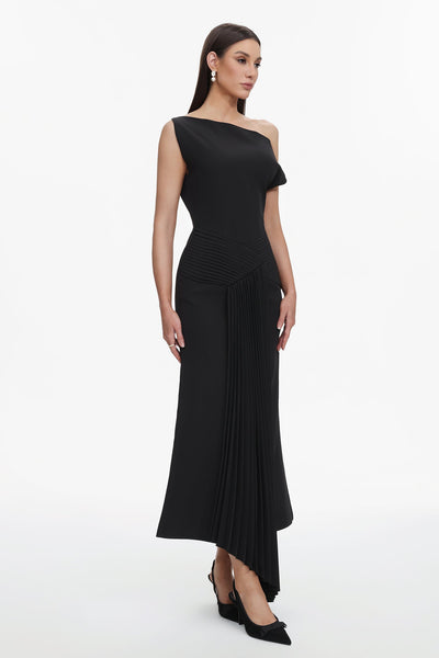 Bella Barnett Juny Oblique Shoulder Sleeveless Folds Cocktail Party Midi Dress
