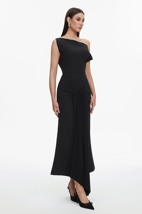 Bella Barnett Juny Oblique Shoulder Sleeveless Folds Cocktail Party Midi Dress