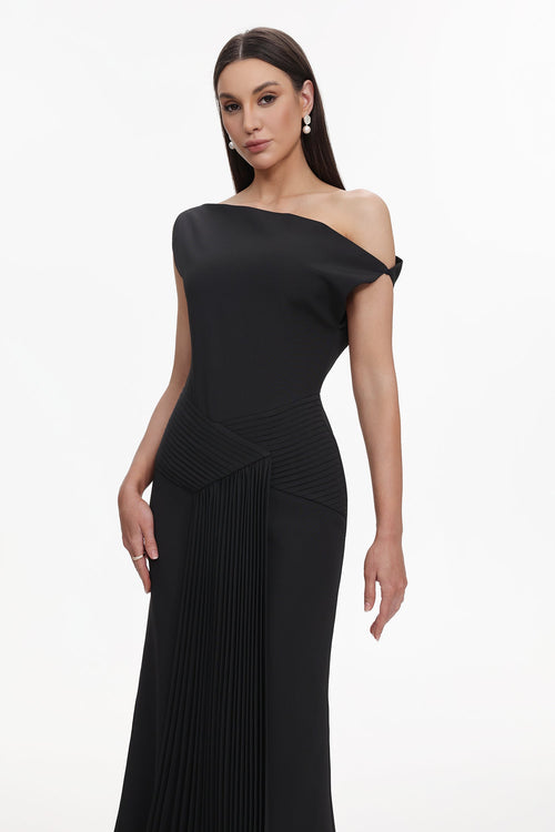 Bella Barnett Juny Oblique Shoulder Sleeveless Folds Cocktail Party Midi Dress