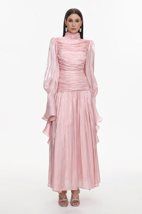 Bella Barnett Viky Pink Waist Defining Long Sleeve Ruched Woven Formal Prom Evening Gown