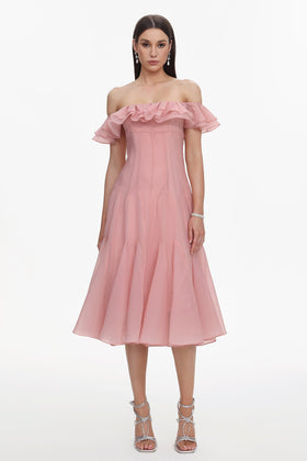 Bella Barnett Wika Pink Off Shoulder Ruffle Cocktail Party Midi Dress
