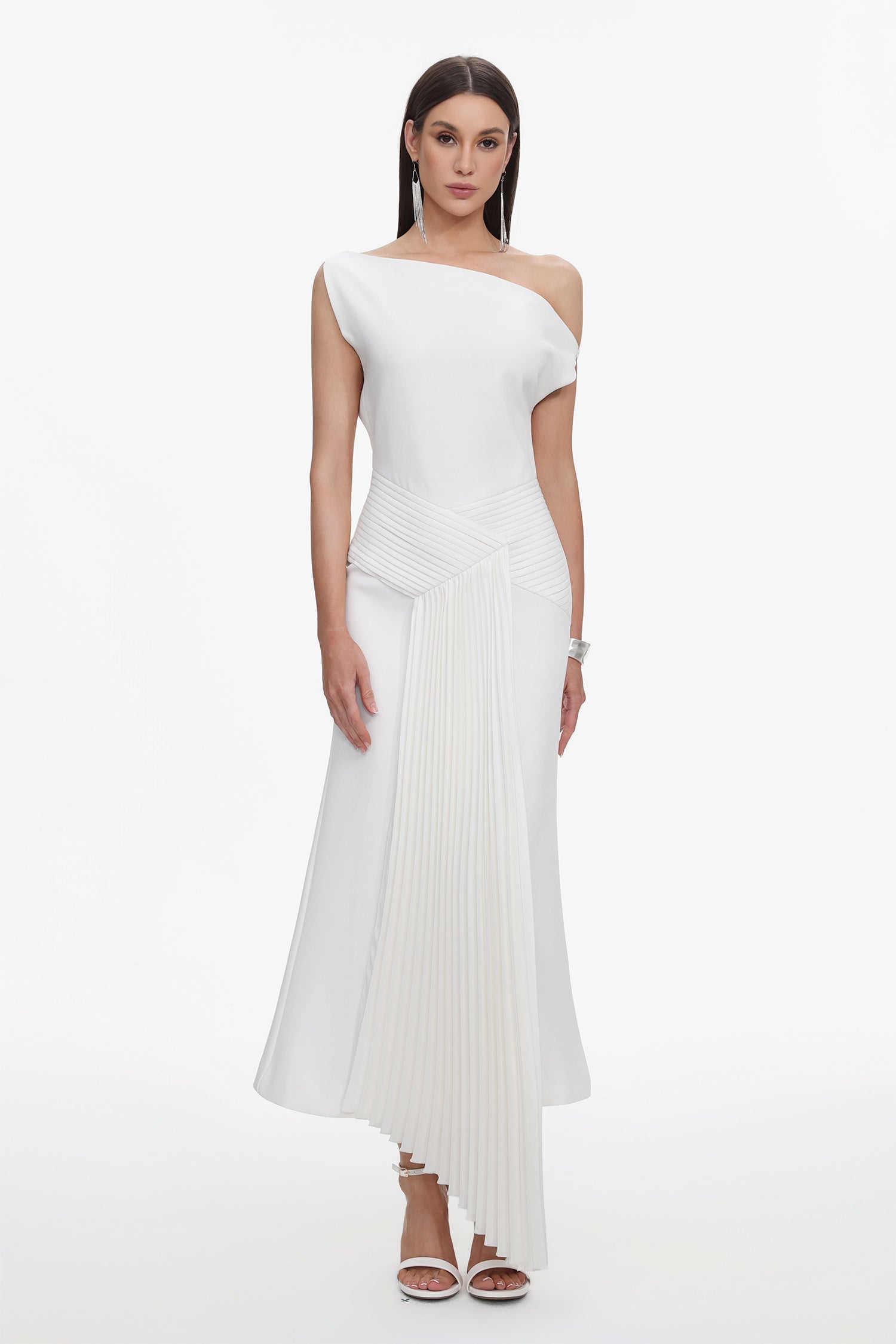 Bella Barnett Paulina Oblique Shoulder Sleeveless Folds Cocktail Party Midi Dress