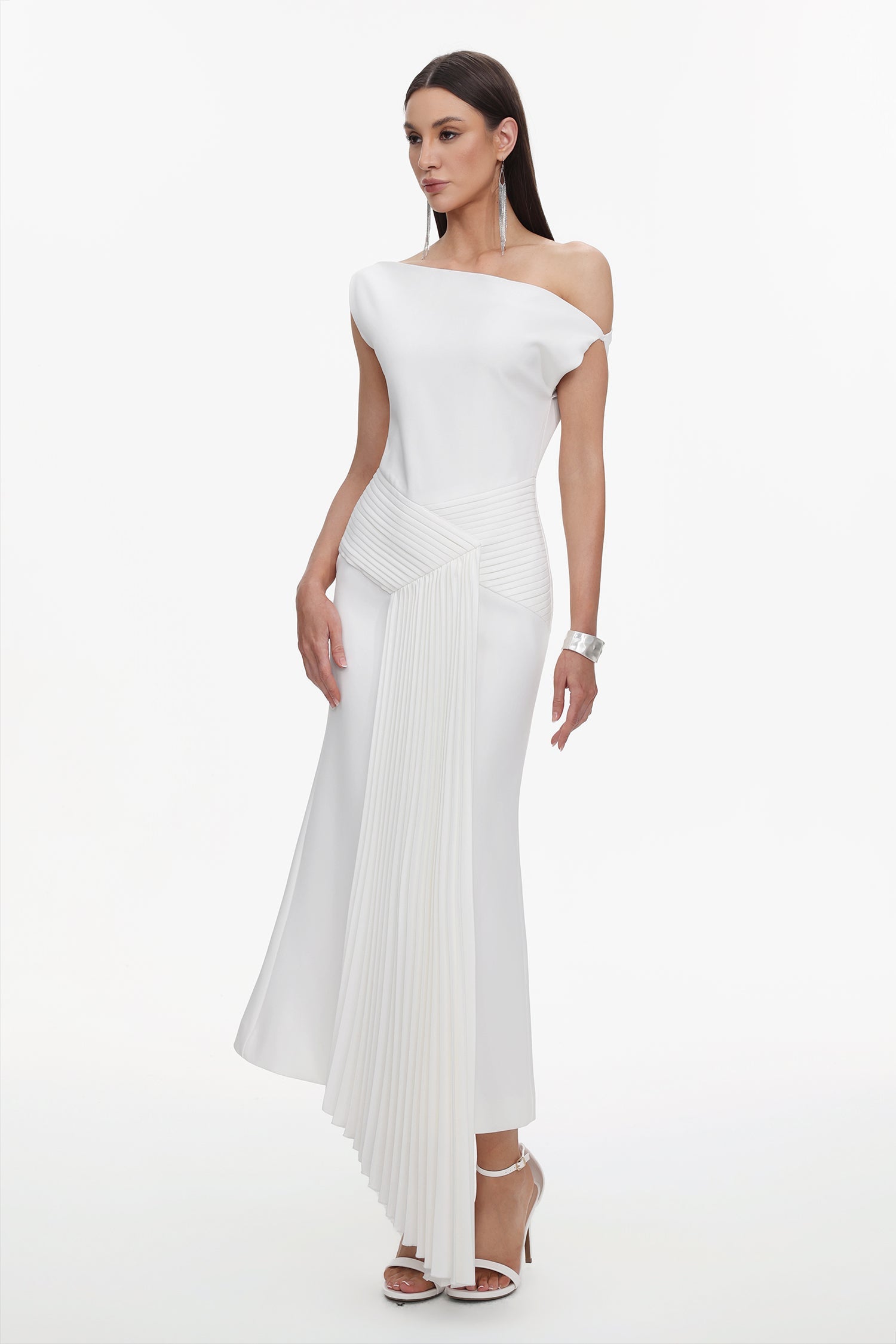 Bella Barnett Paulina Oblique Shoulder Sleeveless Folds Cocktail Party Midi Dress
