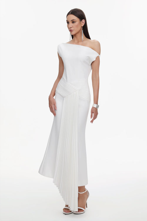 Bella Barnett Paulina Oblique Shoulder Sleeveless Folds Cocktail Party Midi Dress