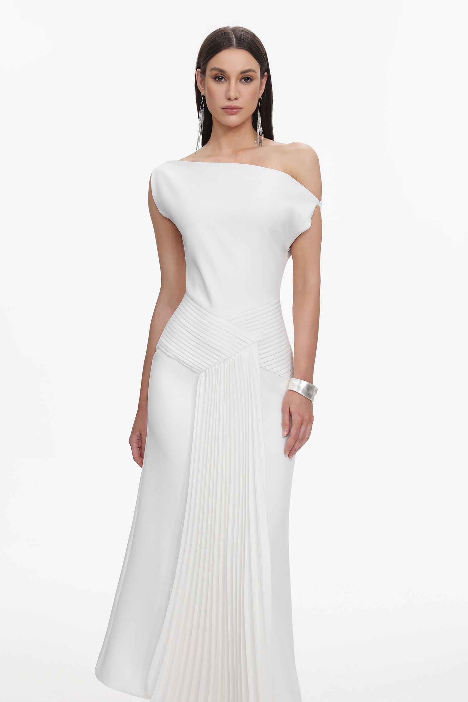 Bella Barnett Paulina Oblique Shoulder Sleeveless Folds Cocktail Party Midi Dress