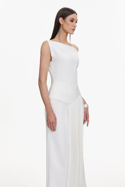 Bella Barnett Paulina Oblique Shoulder Sleeveless Folds Cocktail Party Midi Dress
