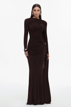 Bella Barnett Tihila Brown Long Sleeve Ruched Formal Prom Evening Gown