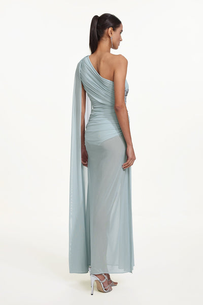 Bella Barnett Kaylee One Shoulder Sequin Embroidered Ruched Mesh Formal Prom Evening Gown