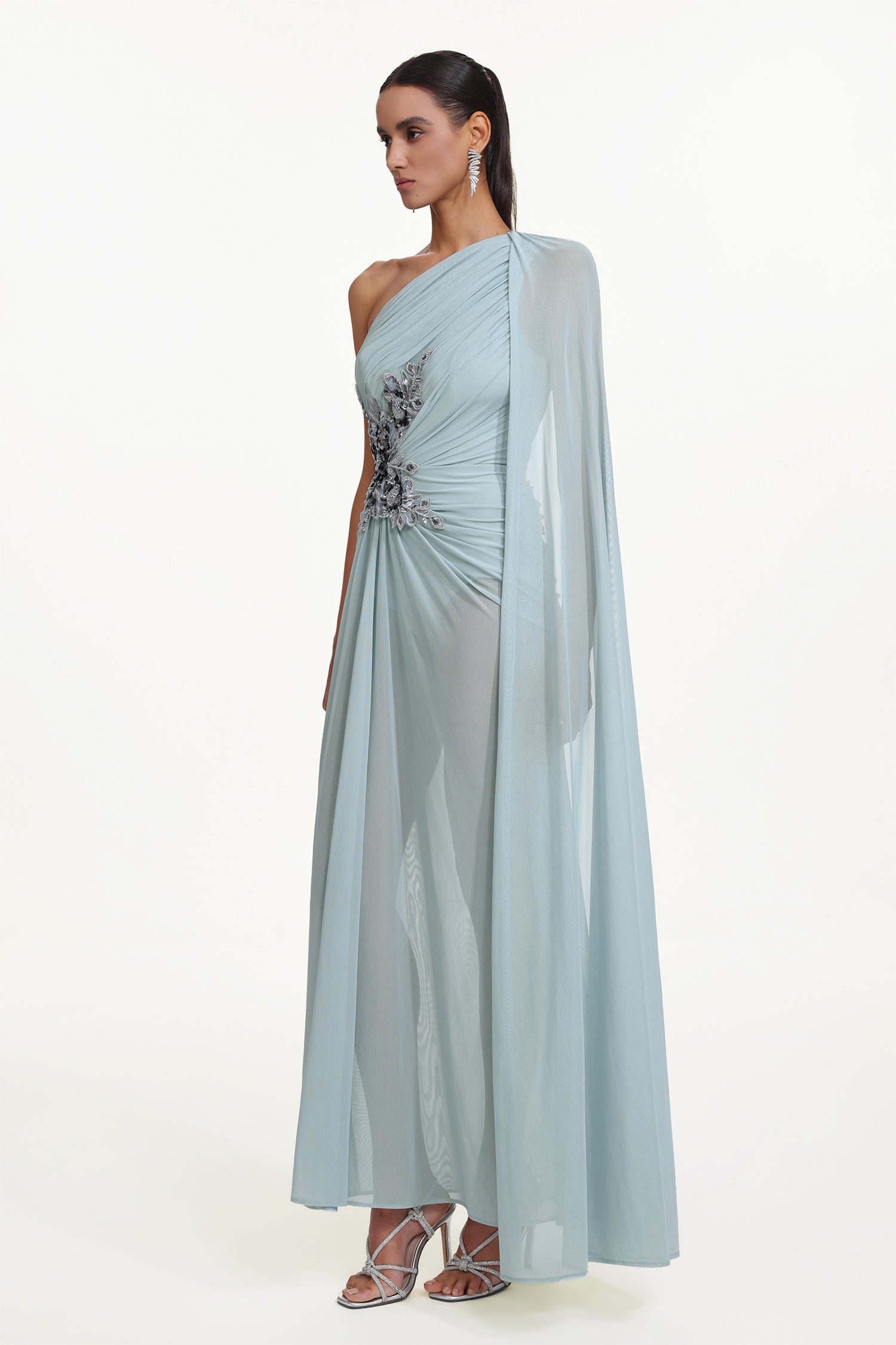 Bella Barnett Kaylee One Shoulder Sequin Embroidered Ruched Mesh Formal Prom Evening Gown