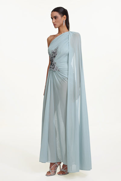 Bella Barnett Kaylee One Shoulder Sequin Embroidered Ruched Mesh Formal Prom Evening Gown