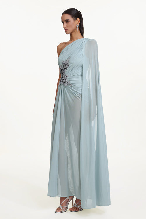 Bella Barnett Kaylee One Shoulder Sequin Embroidered Ruched Mesh Formal Prom Evening Gown