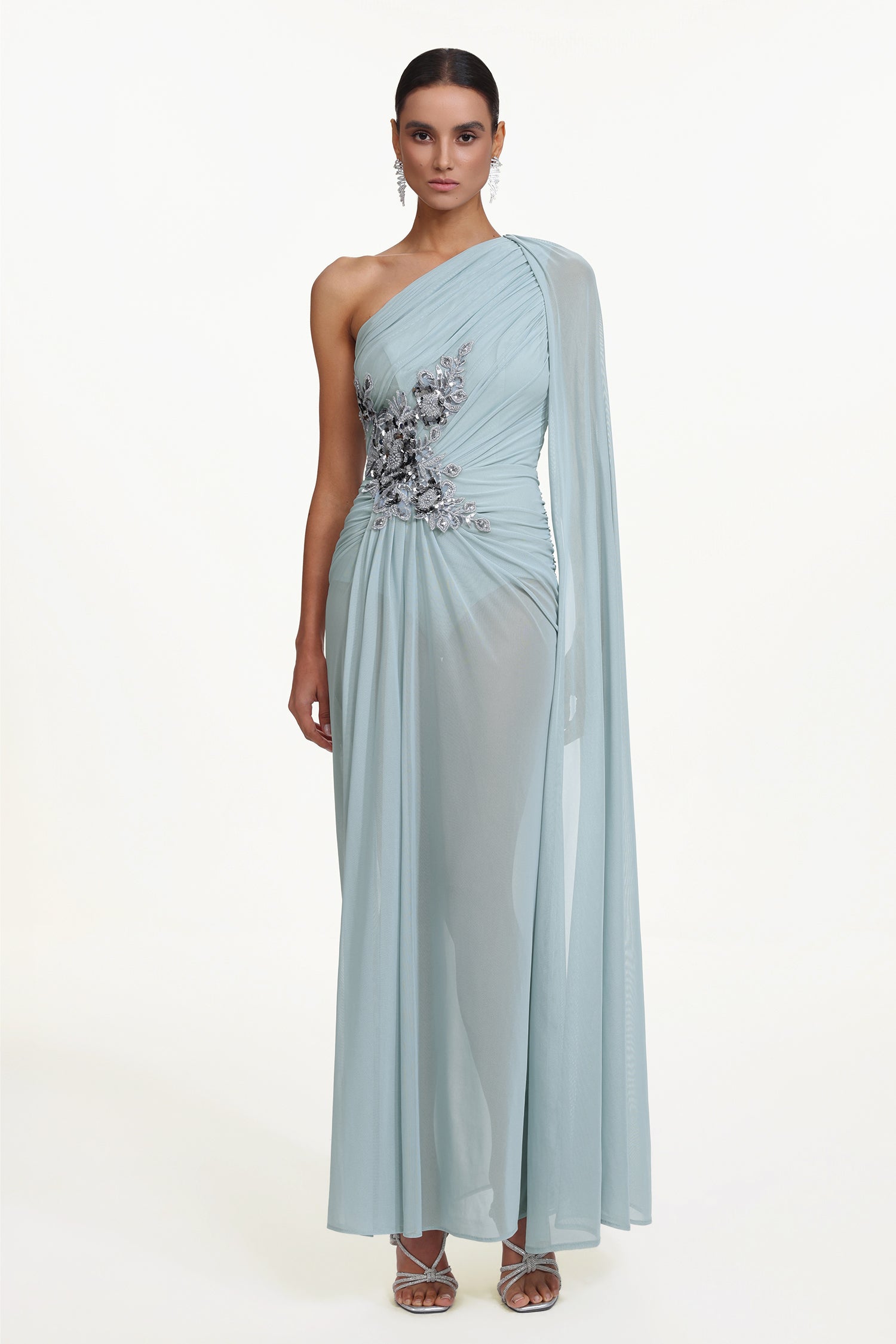 Bella Barnett Kaylee One Shoulder Sequin Embroidered Ruched Mesh
