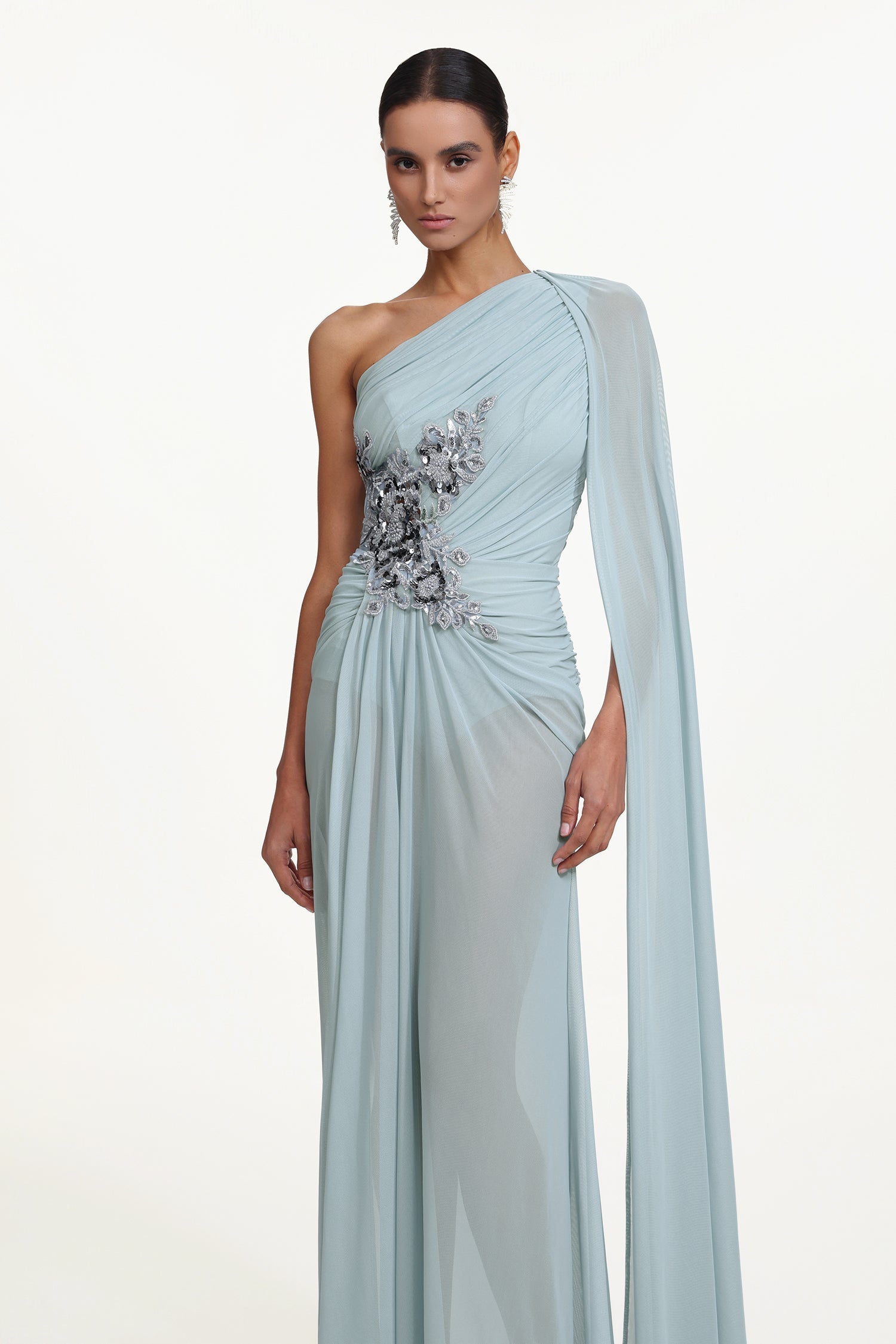 Bella Barnett Kaylee One Shoulder Sequin Embroidered Ruched Mesh Formal Prom Evening Gown