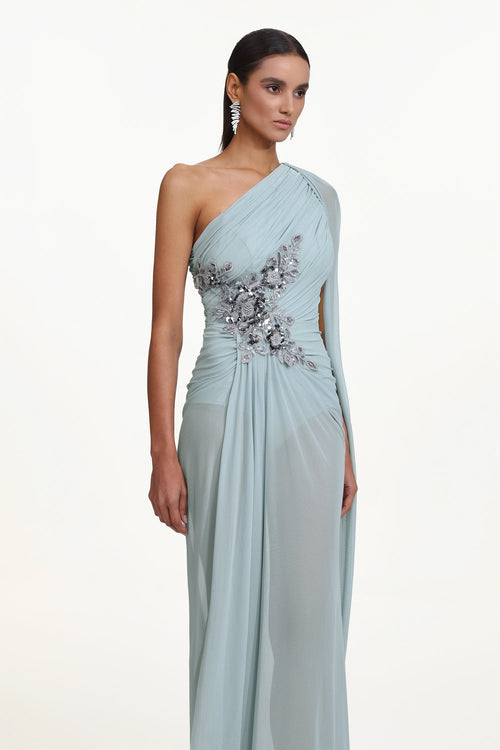 Bella Barnett Kaylee One Shoulder Sequin Embroidered Ruched Mesh Formal Prom Evening Gown