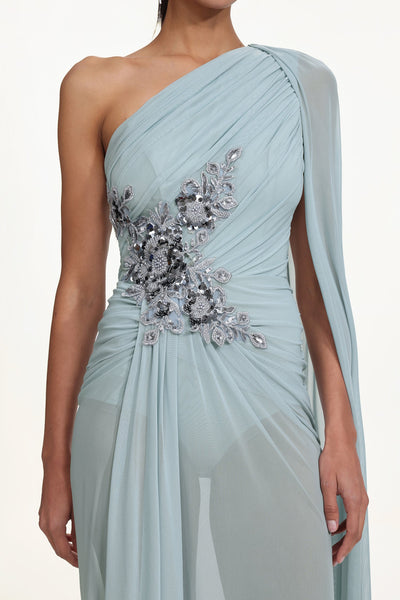 Bella Barnett Kaylee One Shoulder Sequin Embroidered Ruched Mesh Formal Prom Evening Gown