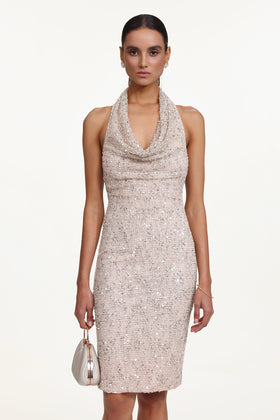 Bella Barnett Pablo Halter Cowl Neck Sequin Cocktail Party Midi Dress