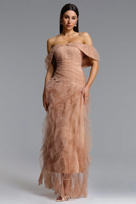Bella Barnett Revie Off Shoulder Ruffle Tulle Formal Prom Evening Gown