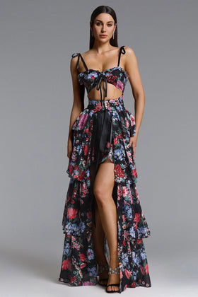 Bella Barnett Pale Halter Cut Out Floral Print Ruffle Formal Prom Evening Gown