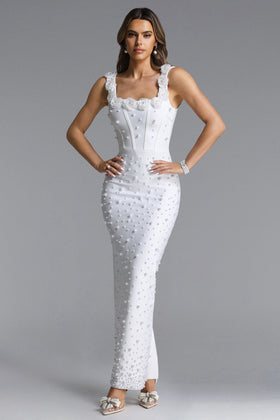 Bella Barnett Shea White Square Neck Floral Pearl Bandage Formal Prom Evening Gown