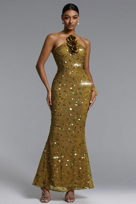 Bella Barnett Liza Halter Floral Sequin Formal Prom Evening Gown