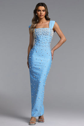 Bella Barnett Vafa Square Neck Pearl Rhinestone Bandage Formal Prom Evening Gown
