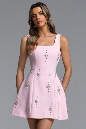 Bella Barnett Falisa Pink Square Neck Rhinestone Woven Cocktail Party Mini Dress