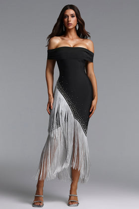 Bella Barnett Tata Black Off Shoulder Fringe Bandage Formal Prom Evening Gown