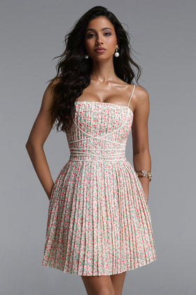 Bella Barnett Modan Sleeveless Floral Print Pleated Woven Cocktail Party Mini Dress