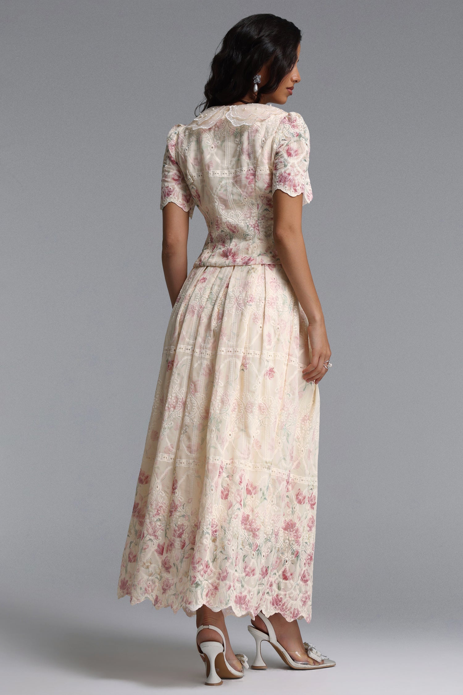 Bella Barnett Ignacia Short Sleeve Floral Print Embroidered Woven Top And Skirt Formal Evening Two-piece Set
