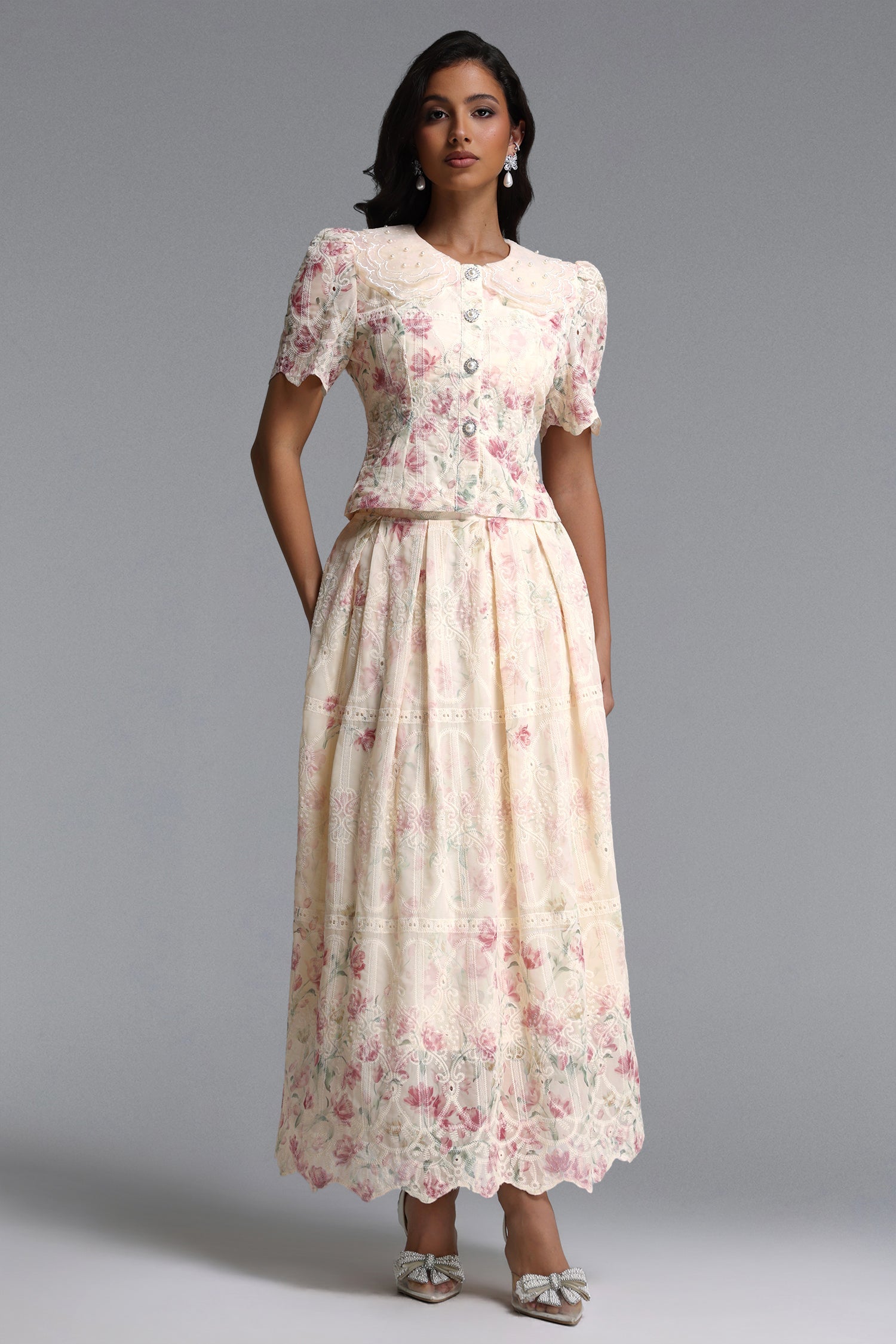 Bella Barnett Ignacia Short Sleeve Floral Print Embroidered Woven Top And Skirt Formal Evening Two-piece Set