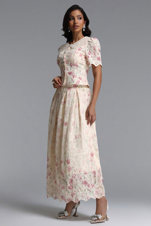 Bella Barnett Ignacia Short Sleeve Floral Print Embroidered Woven Top And Skirt Formal Evening Two-piece Set