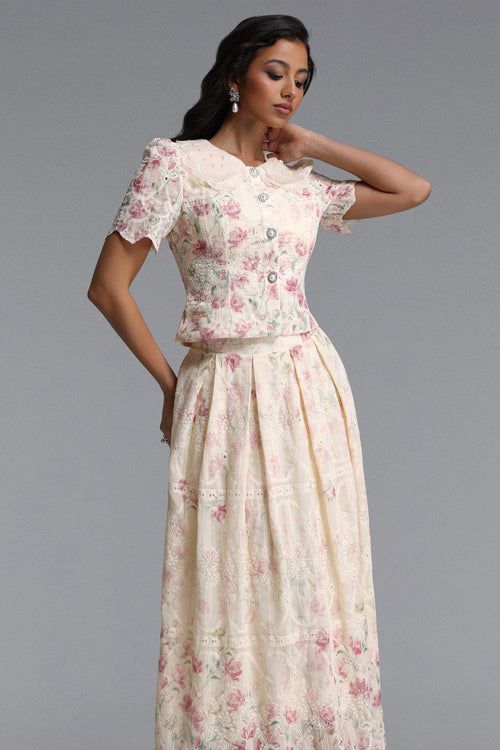 Bella Barnett Ignacia Short Sleeve Floral Print Embroidered Woven Top And Skirt Formal Evening Two-piece Set