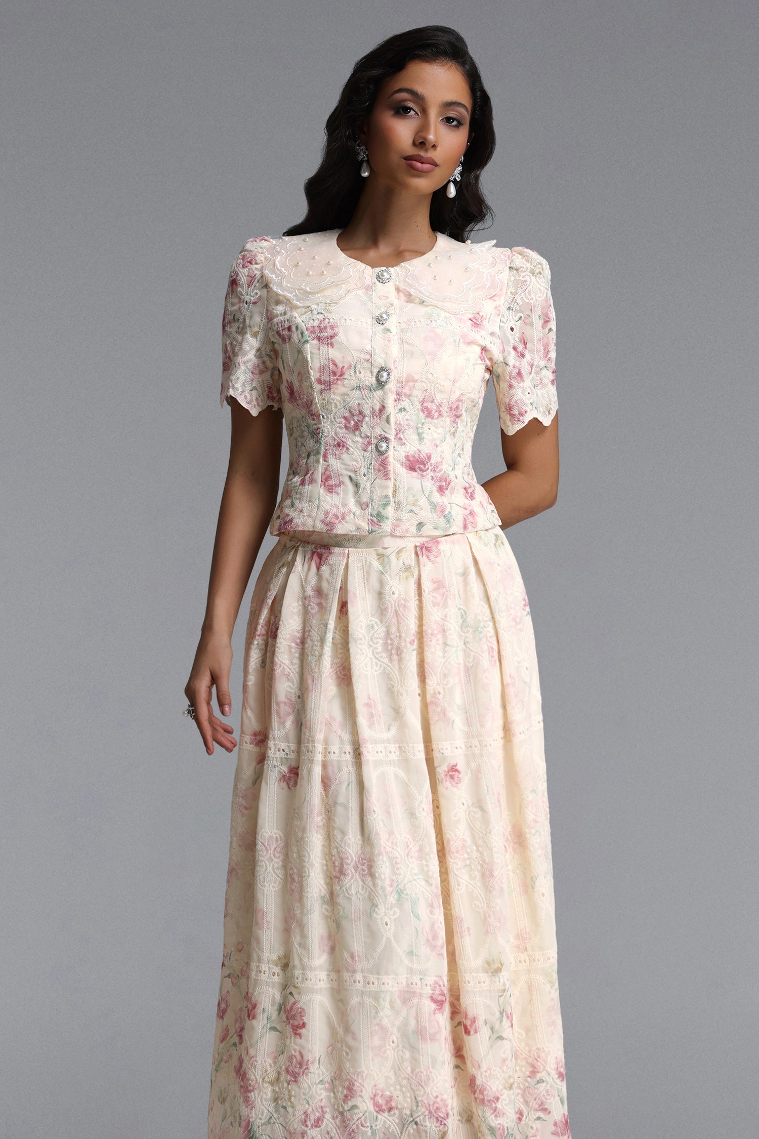 Bella Barnett Ignacia Short Sleeve Floral Print Embroidered Woven Top And Skirt Formal Evening Two-piece Set