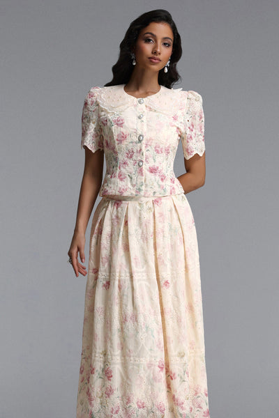 Bella Barnett Ignacia Short Sleeve Floral Print Embroidered Woven Top And Skirt Formal Evening Two-piece Set